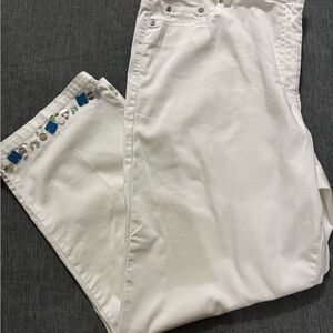 hearts of palm White Wide-Leg Pants with Beaded Blue & Green Trim